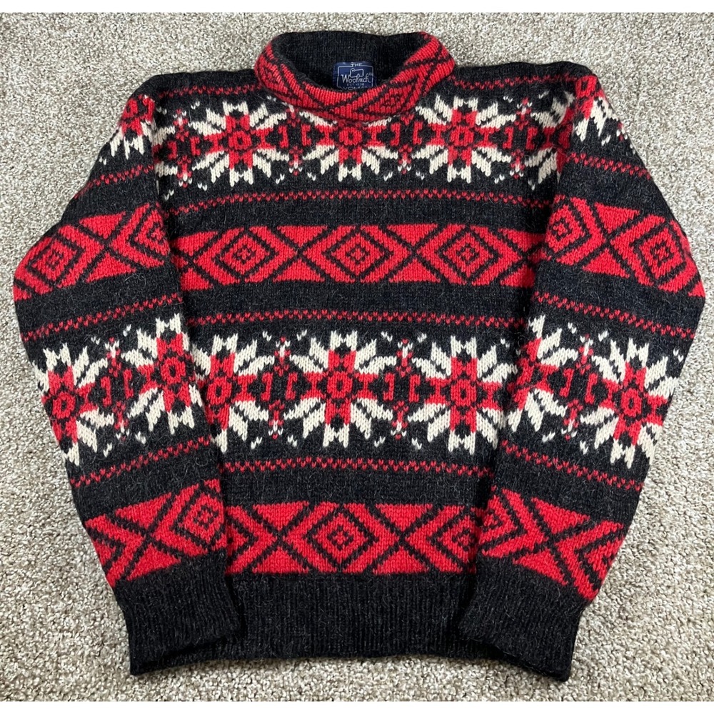 Woolrich Woman Vintage Wool Mohair Fair Isle Nordic Sweater Black Red Small